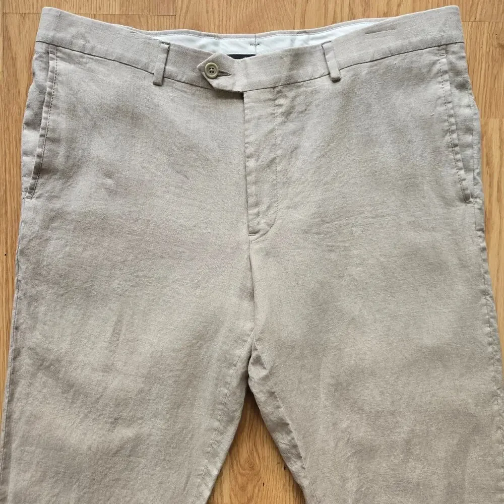 Nordstrom Men's Linen Pants 36W Flat Front Dress Trousers Beige Lightweight
